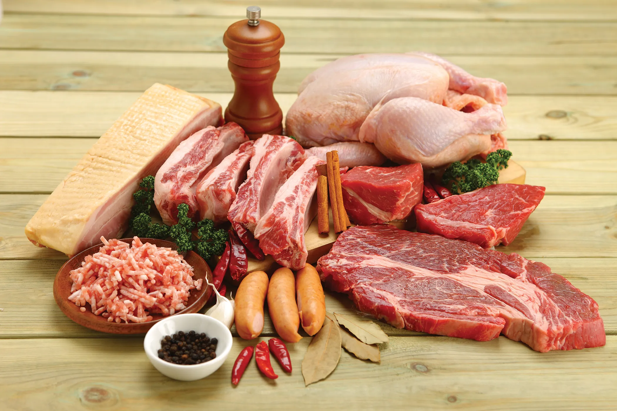 Meat shopping - counter with different types of raw meat: chicken, veal, minced meat, sausages